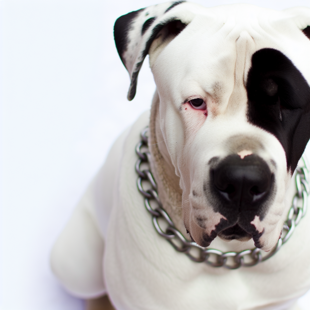 A white dog with a black patch on its face, sitting and looking at the camera, with a chain collar.