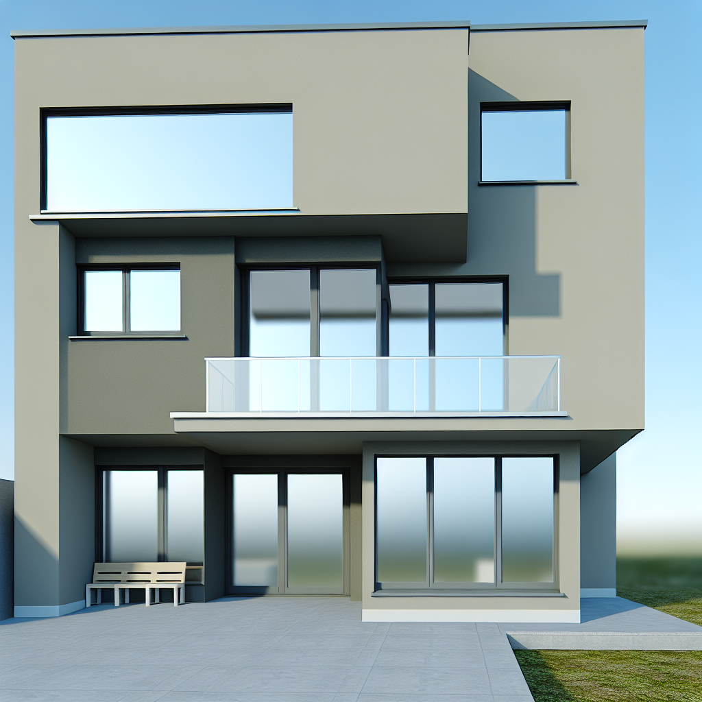 A modern house with a gray exterior, showcasing a two-story structure with multiple windows and a porch. The image has an aspect ratio of 4:1.